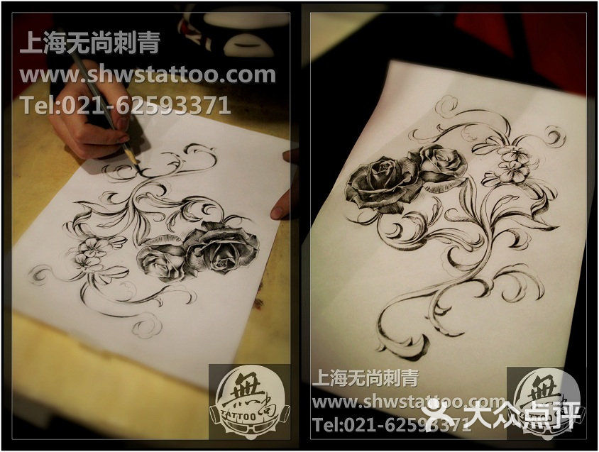 玫瑰:纹身手稿花枝刺青v玫瑰~无尚图案CAD洞面绘制域有图片