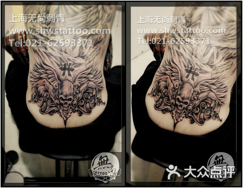 无尚刺青纹身工作室欧美黑灰大背,堕落天使纹身图案