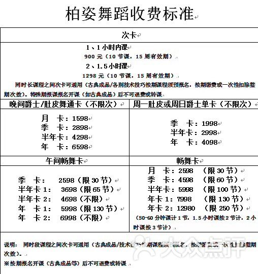 价目表                 charlottechang           栢姿舞蹈