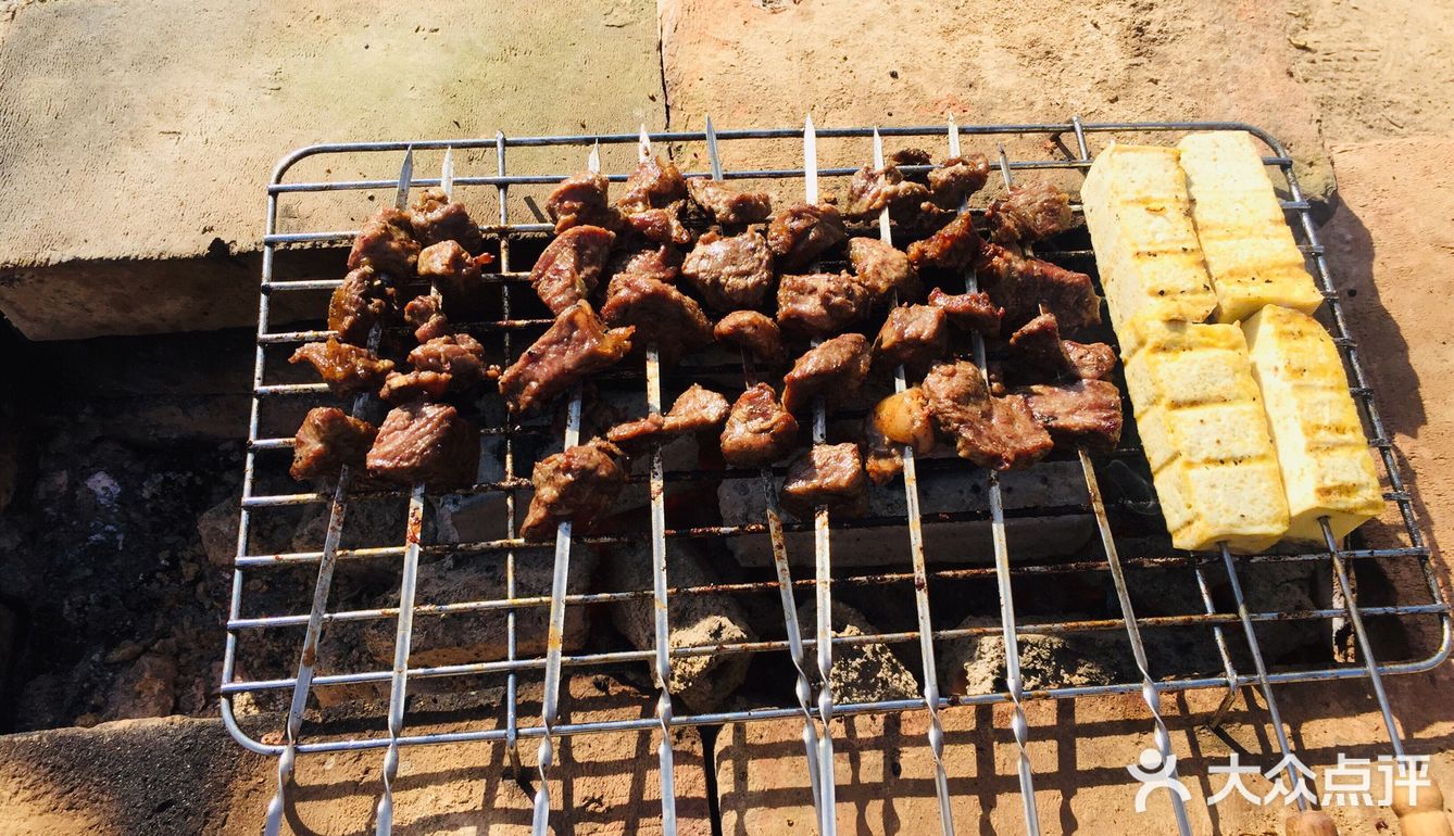 几块砖头自制的烤肉架几块木炭几把自己腌制的羊肉