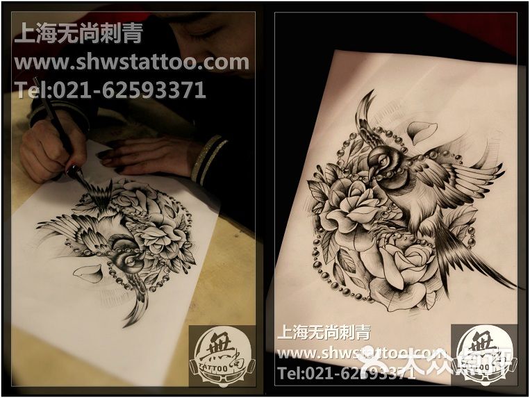 手稿:燕子玫瑰纹身图案设计~无尚刺青