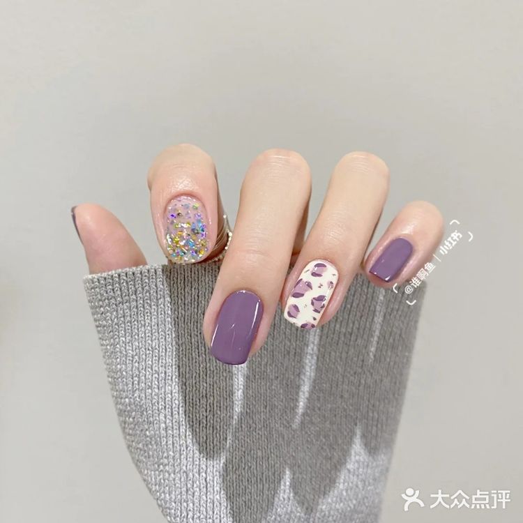 紫色美甲	俏皮少女温柔豹纹亮片渐	 变甲   