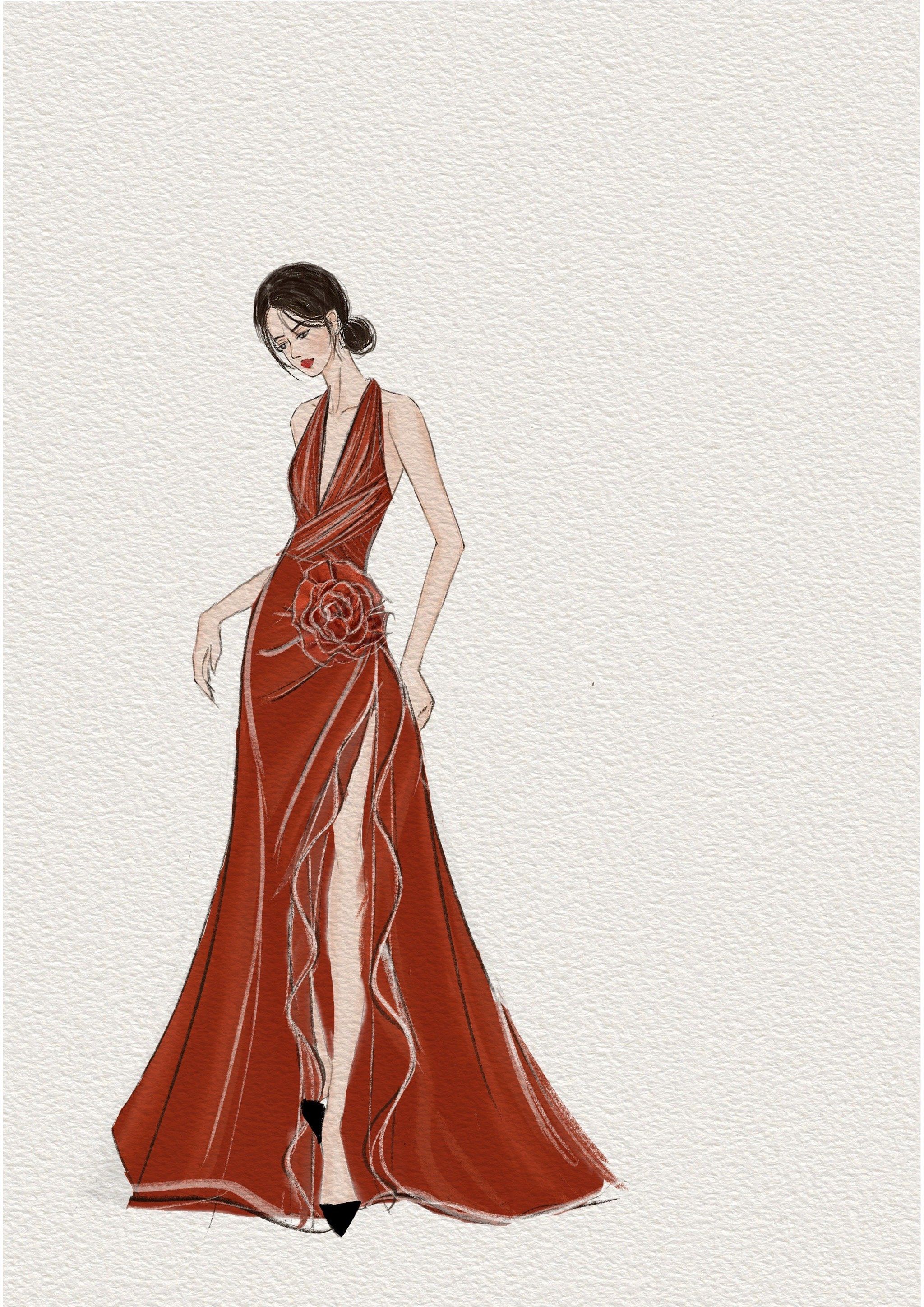 炽热玫瑰|奢华水光感挂脖开叉鱼尾晚礼服