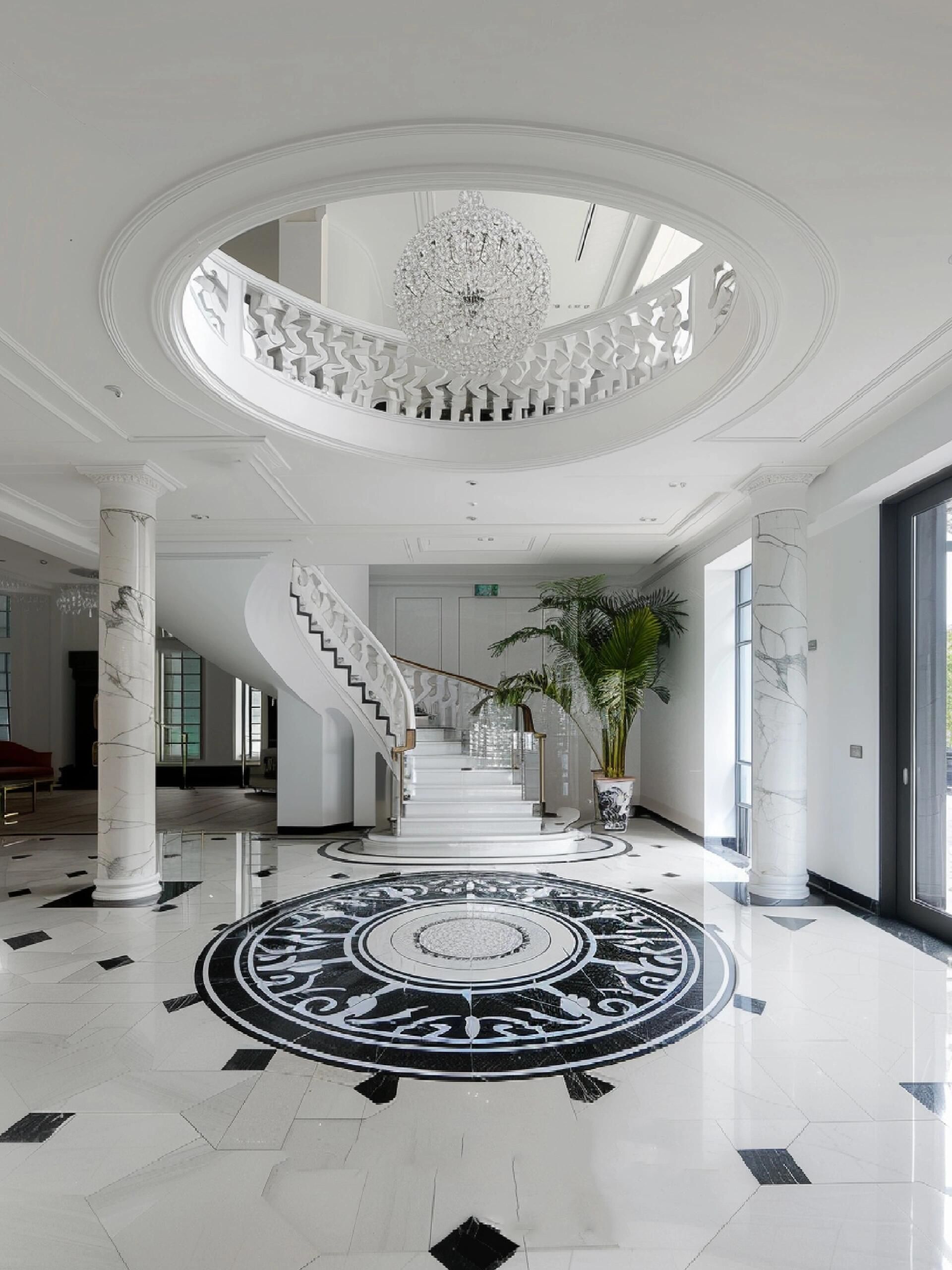 旋转楼梯 罗马柱,黑白法式玄关自带电影感