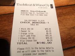 账单-The Meat & Wine Co Southbank(南岸店)
