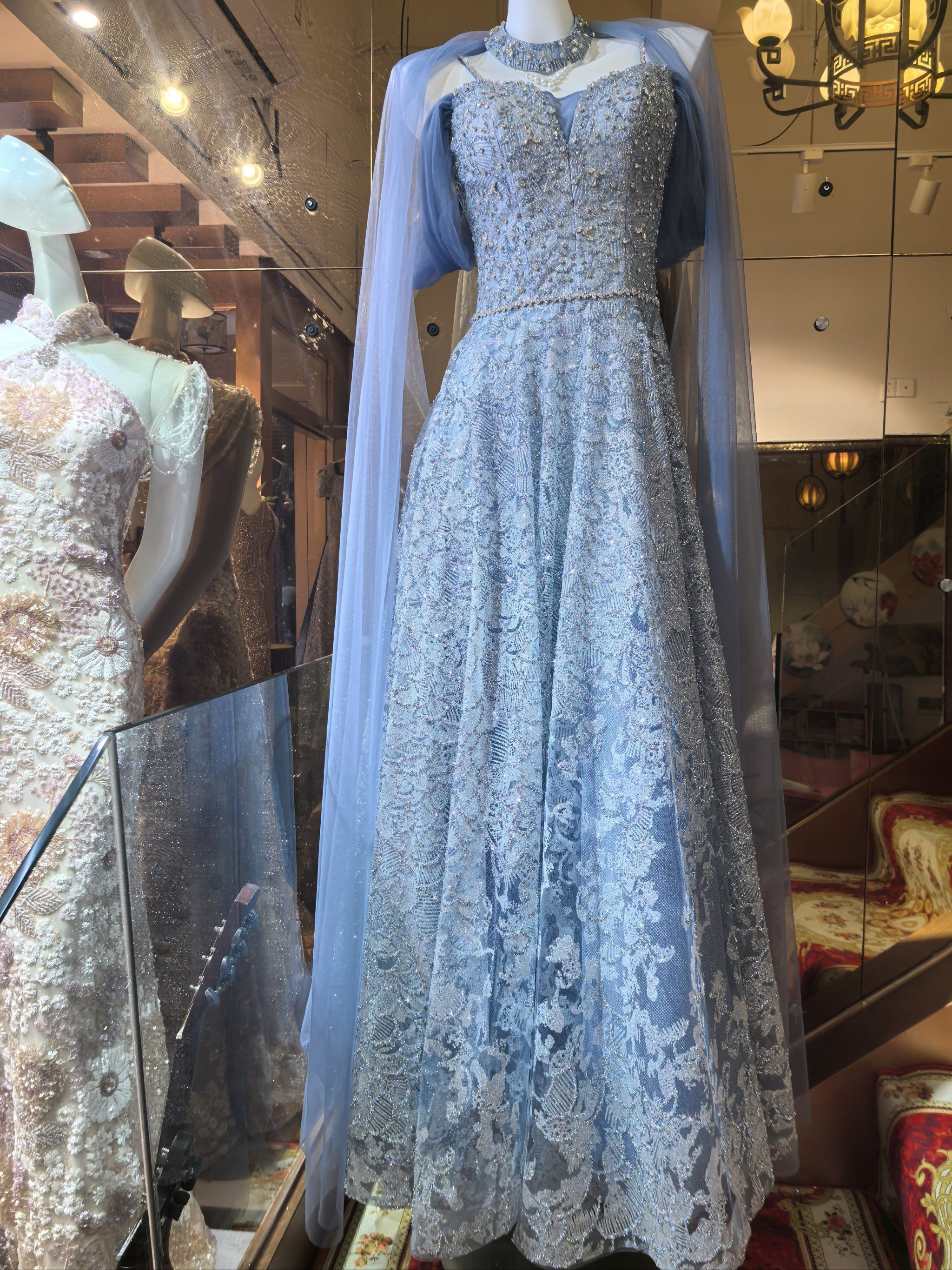 蓝色晚礼服宴会气质主持人礼服艺考成人礼裙子