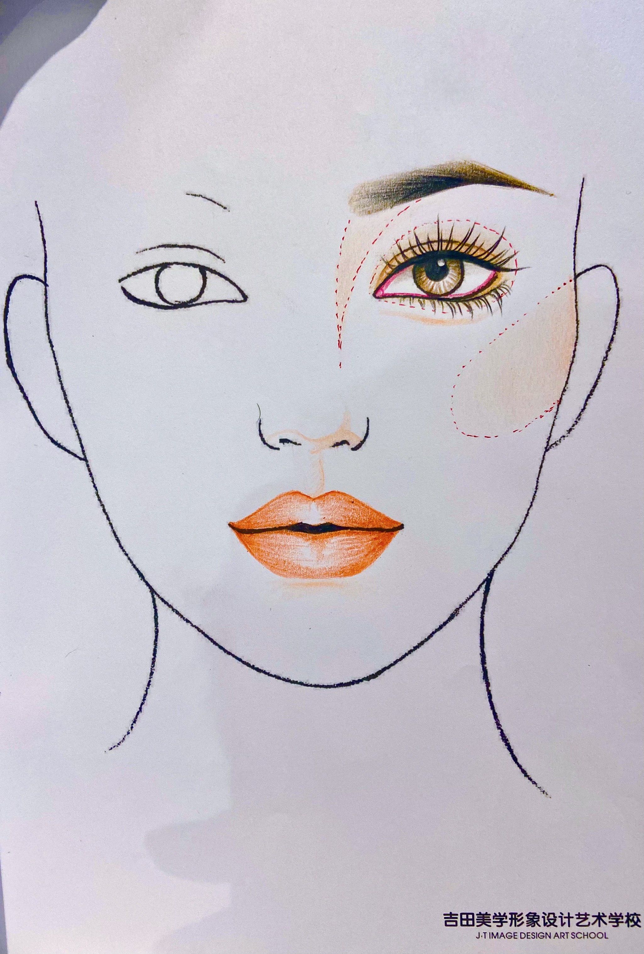 专业化妆班入门级作业 
 素描美人图
熟悉标准五官位置与绘画