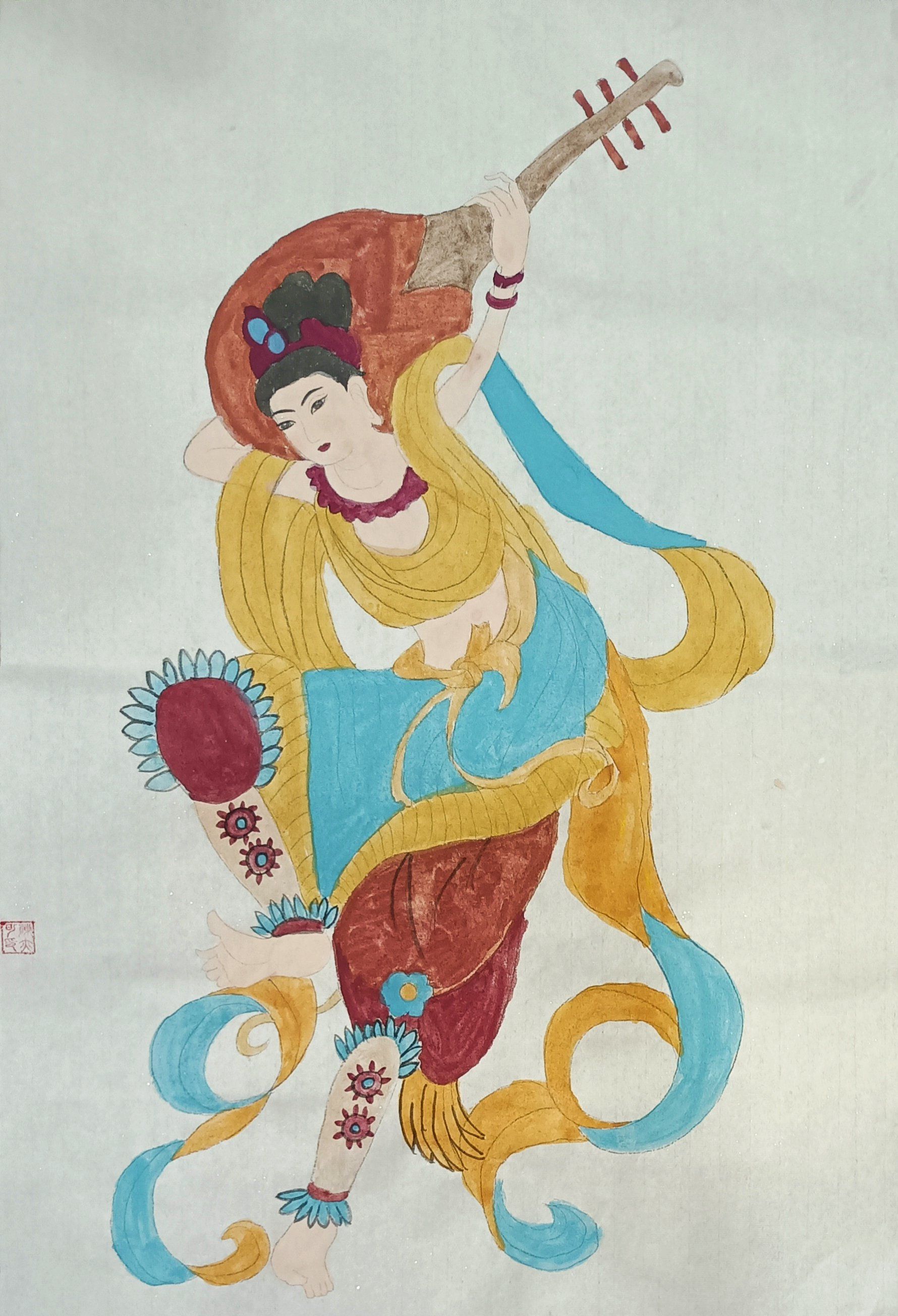 飞天形象生动,线条清晰,小朋友在老师指导