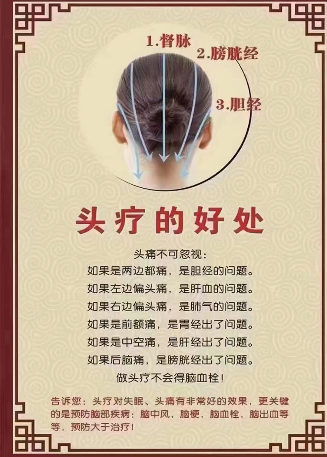 多梳头就相当于自己刮痧头部经络
头部刮痧:作用于点按头部相应的