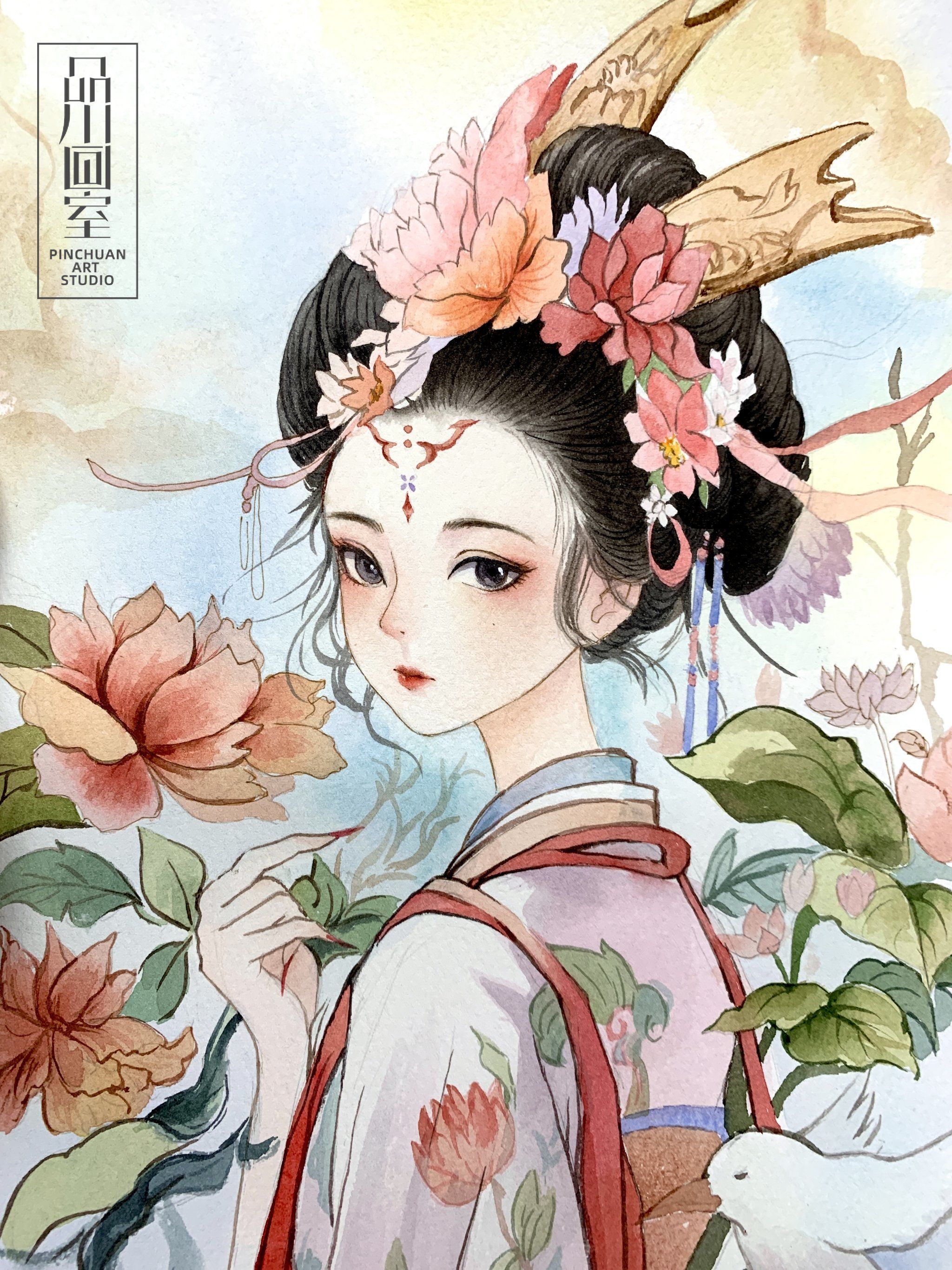 完美的展现出了古风美女的婉约柔情,笑面如花,也体现了菲菲老师的水彩