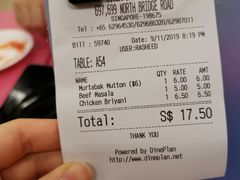 账单-新加坡Zam Zam餐馆