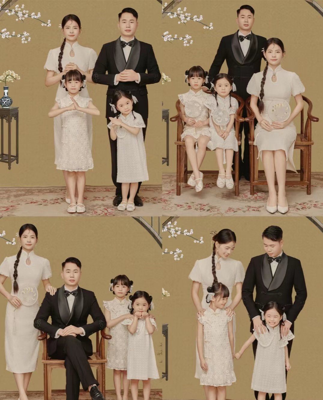 一家四口的古风全家福,工笔画风格太诗情画意了,宛如画中人,太美了
