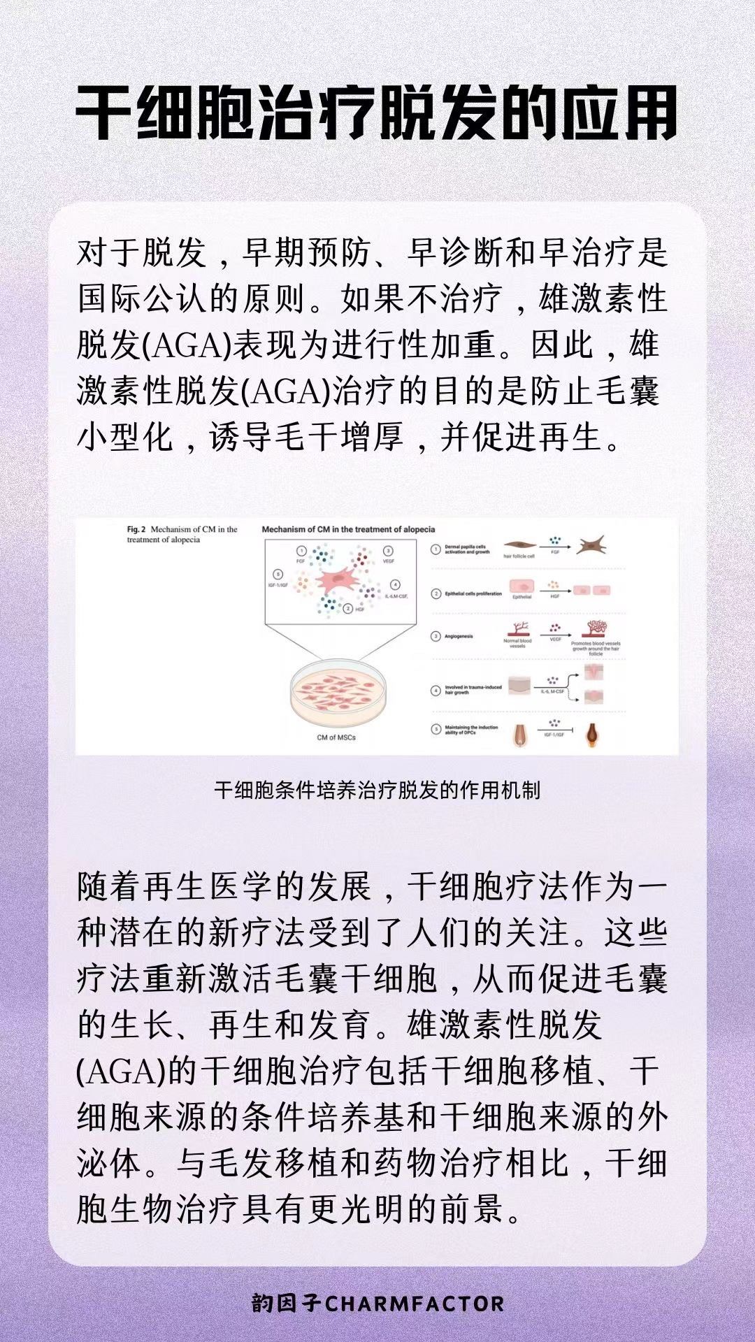 干细胞具有调节毛囊周期,促进新生血管的形成,抗氧化及抗雄激素的作用