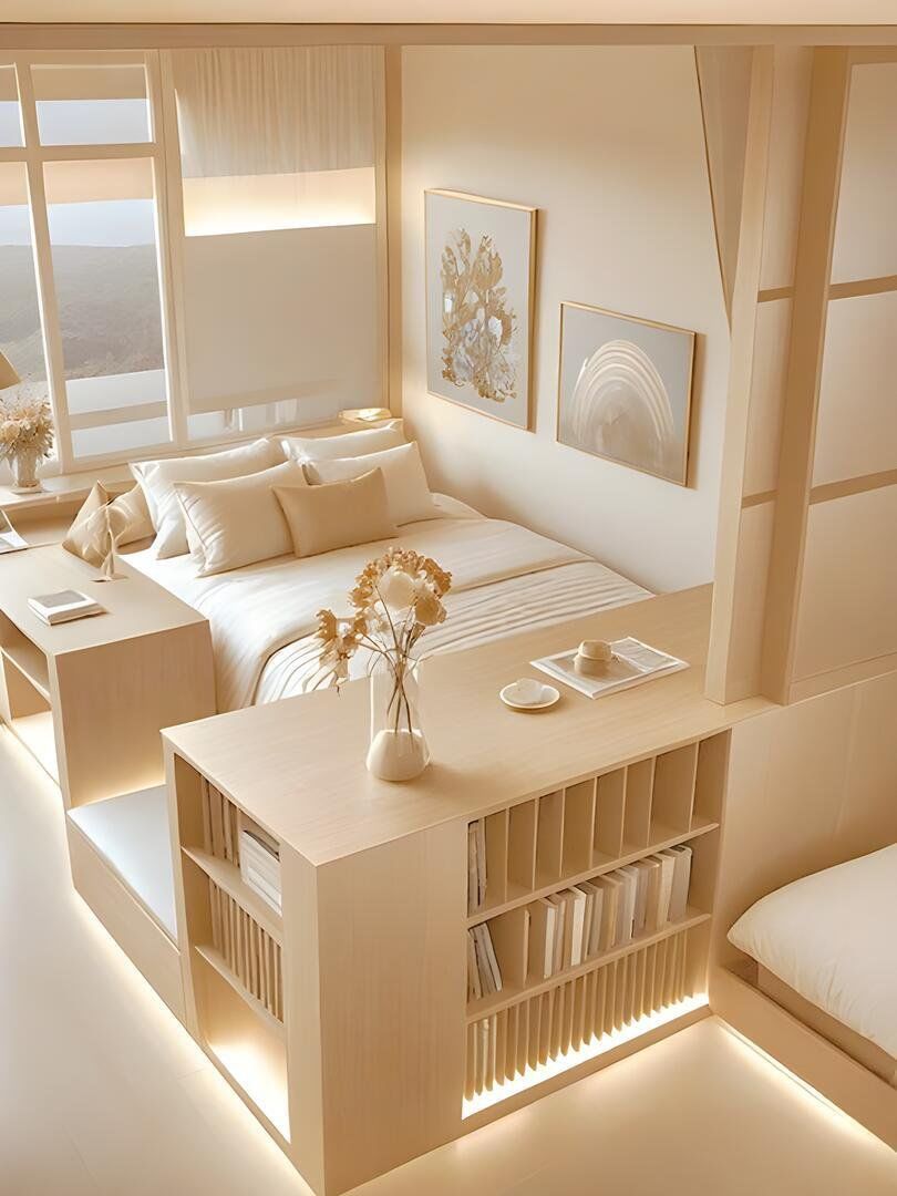 地台床 书柜隔断,原木风好睡程度在假期拉满