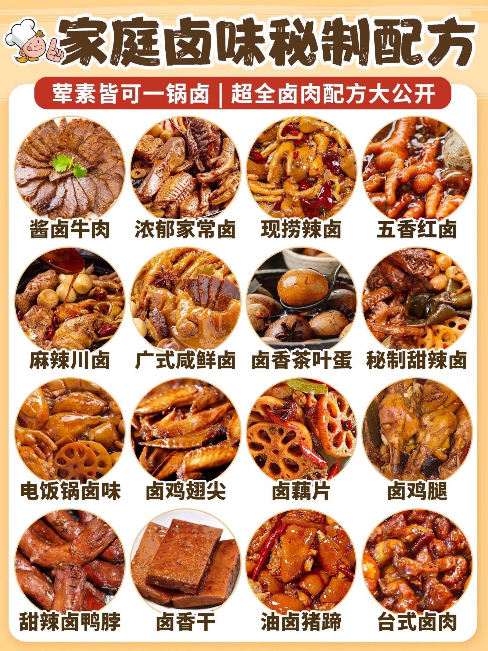 酱卤牛肉 
家常卤味 
现捞辣卤 
五香红卤 
麻辣川卤 
广式