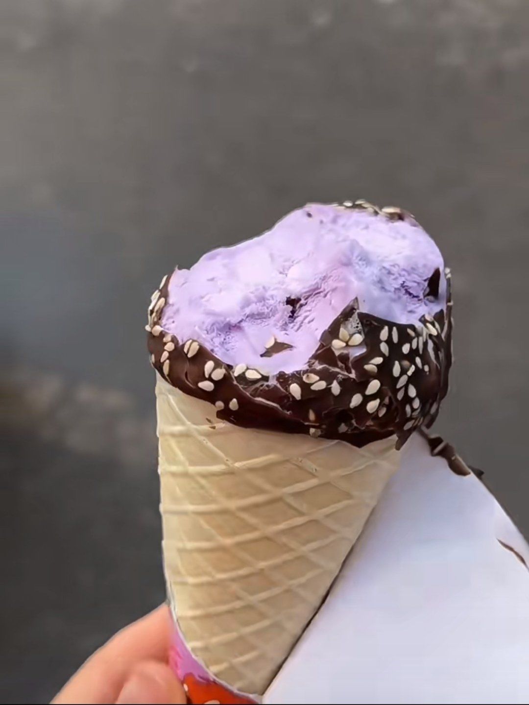 整天06
78
大头雪糕外面有巧克力脆皮芝麻,里面是香芋味的夹