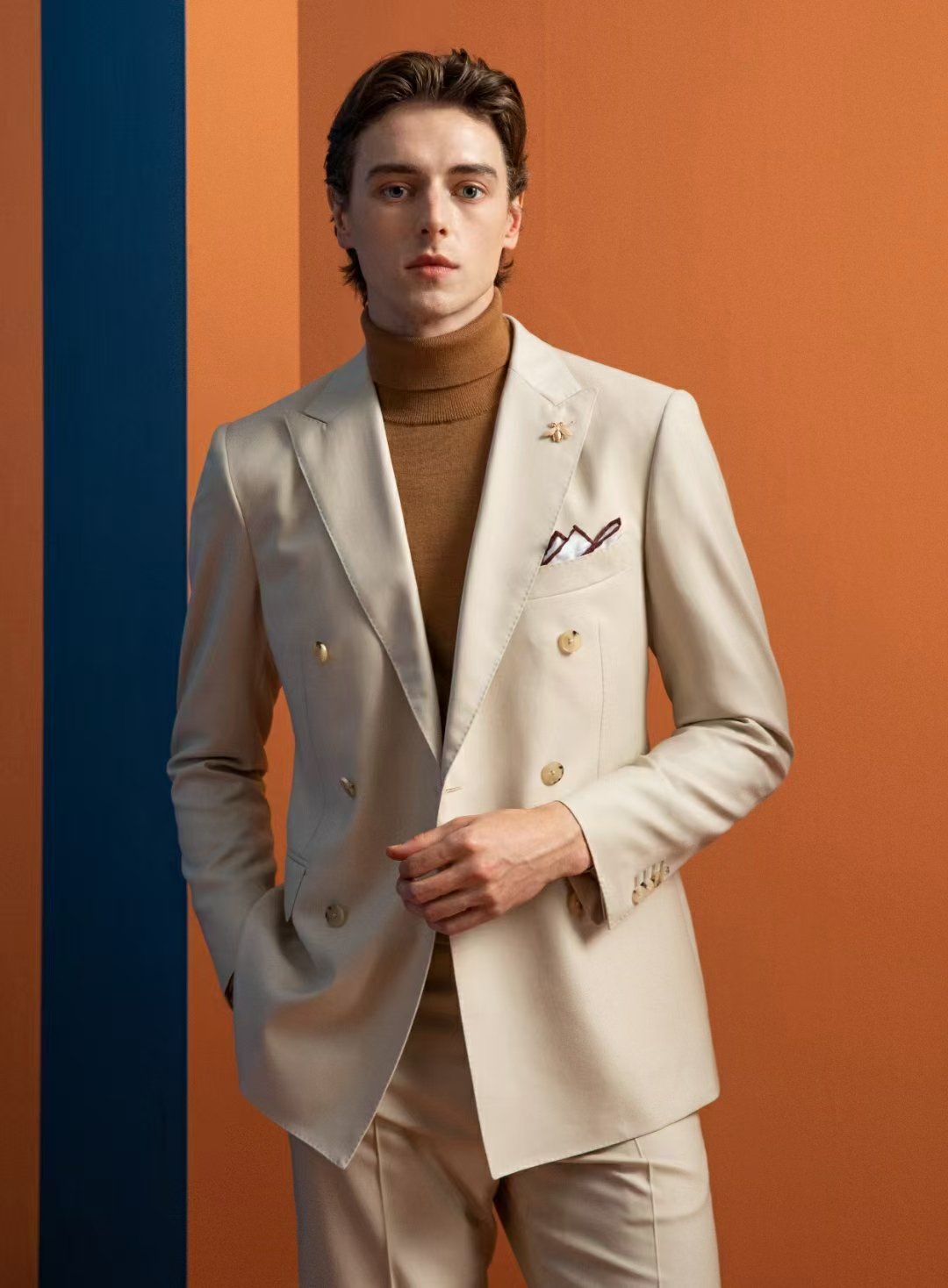 卡其色男士西服两件套,秋冬必备