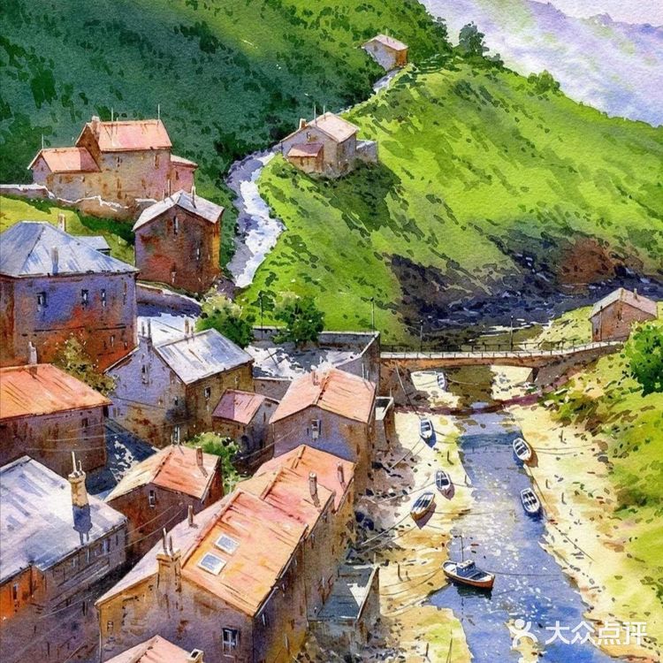 水彩下的静谧水乡村落惹人爱[加油]