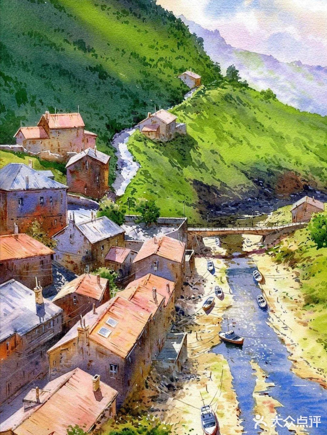 水彩下的静谧水乡村落惹人爱[加油]