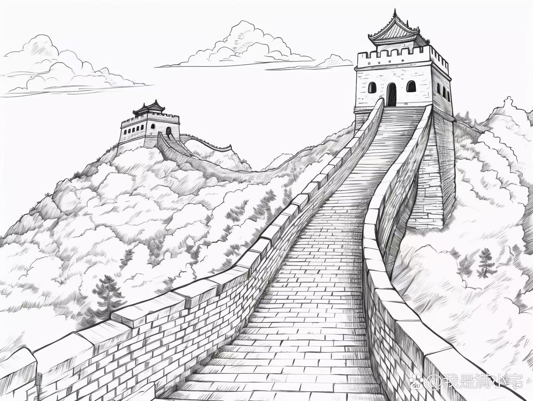 手绘北京长城城楼万里长城剪影古建筑风貌