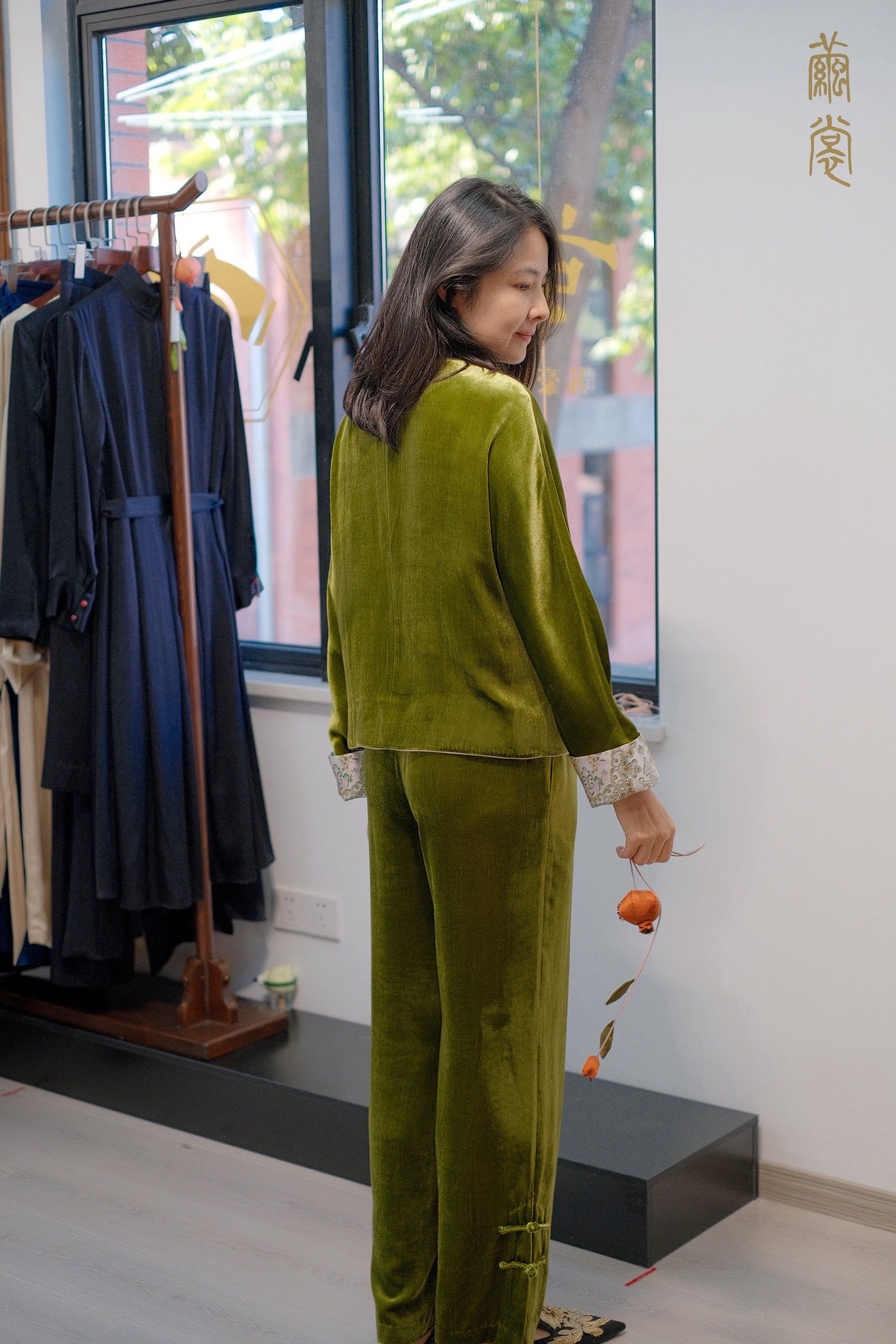 新中式真丝丝绒套装