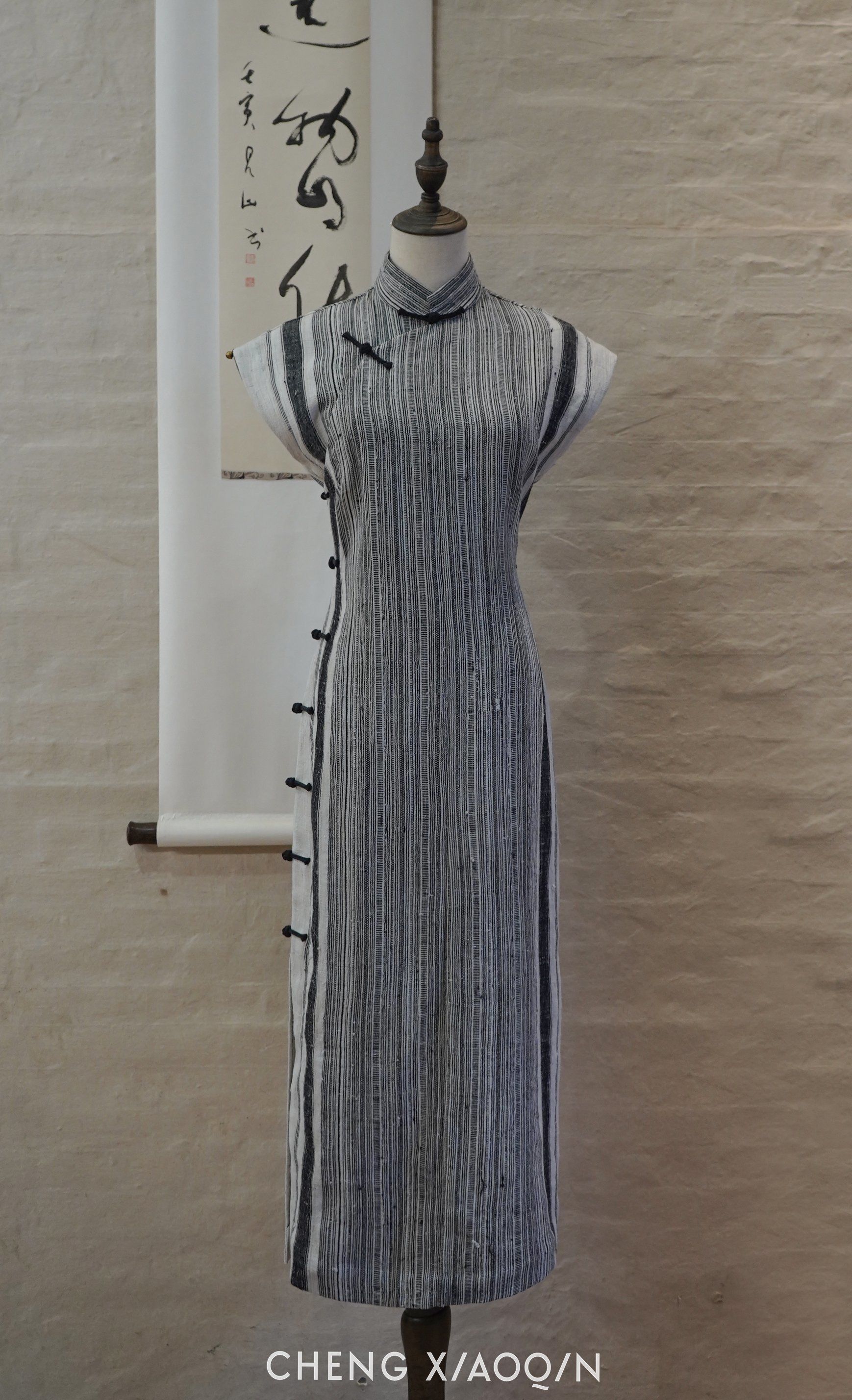 民国复古大小姐 条纹手工布旗袍