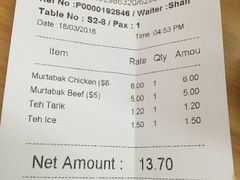 账单-新加坡Zam Zam餐馆