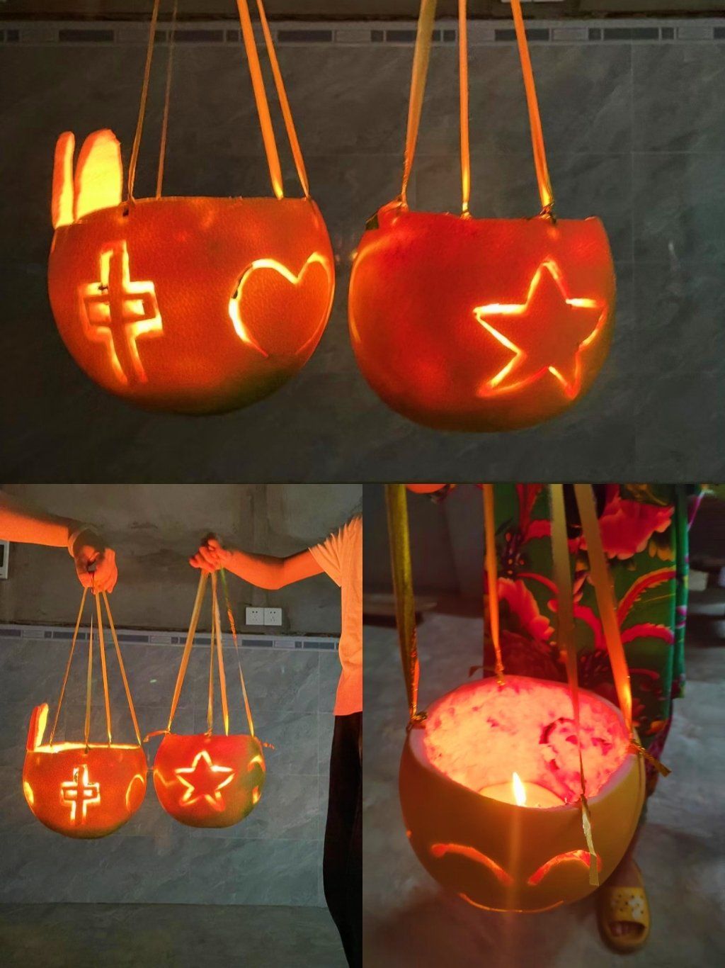 n用剥好的柚子皮插上蜡烛,或者挖好孔
让光线从里面透出来,比花灯