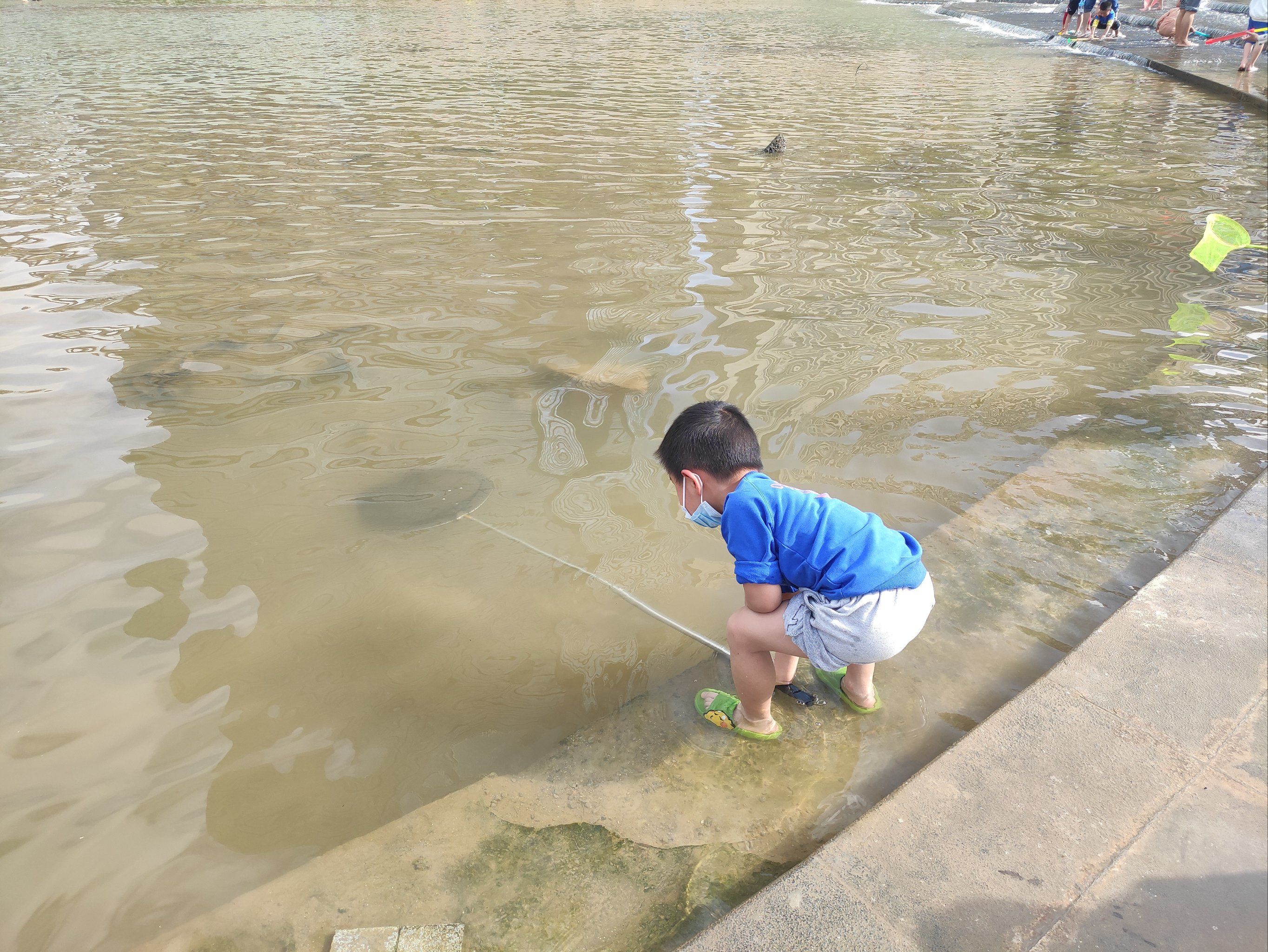 带着小孩到城市中心河流捞鱼,不一会儿居然都捞了好几条鱼