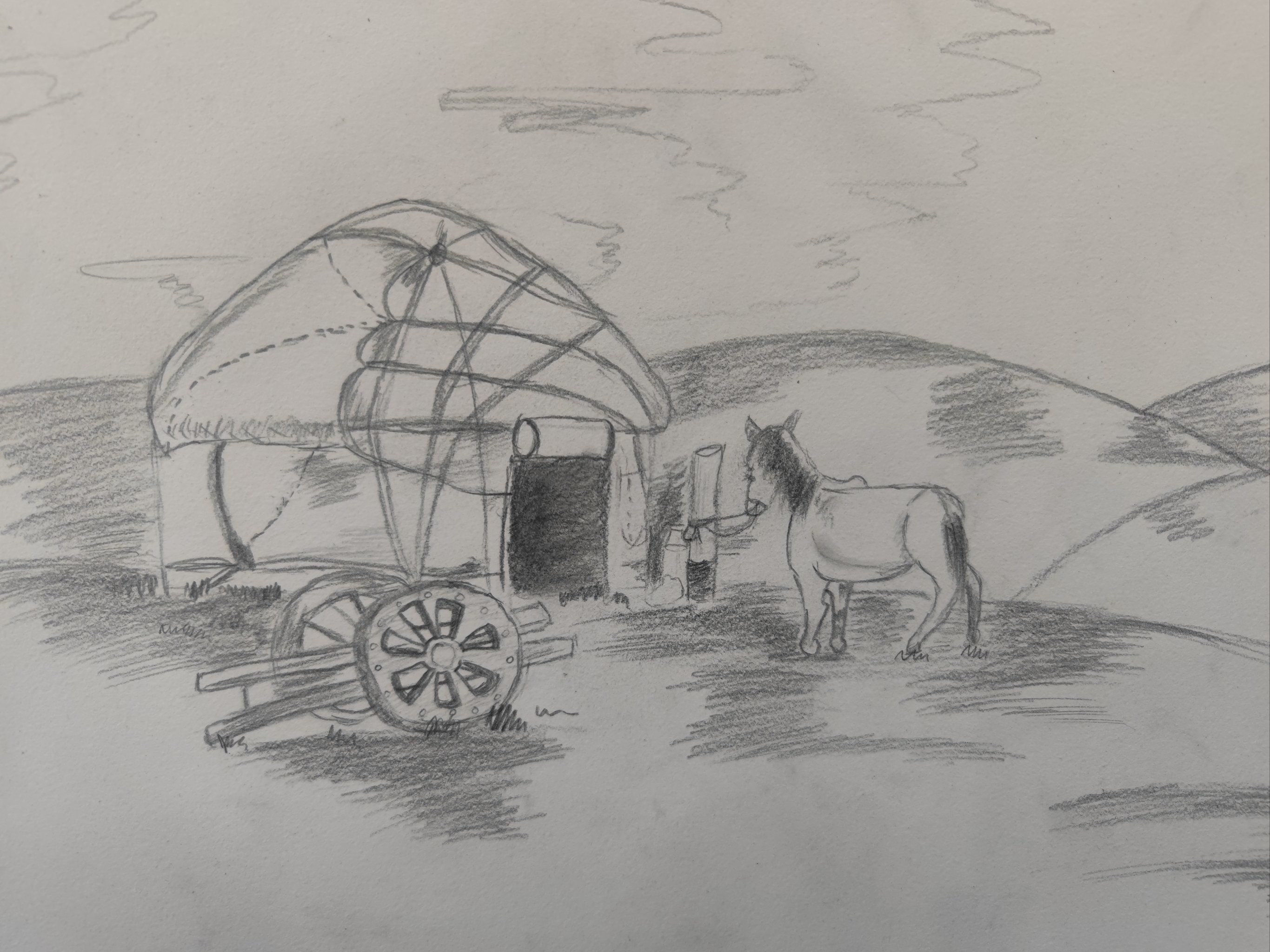 0元玩转这座城内蒙古素描风景大草原,上面一匹马和一个蒙古包,还有一