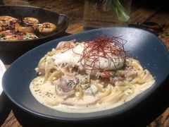 烟肉白汁意粉配温泉蛋-喜洲吧·江畔老船厂·庭院餐厅(喜临院店)