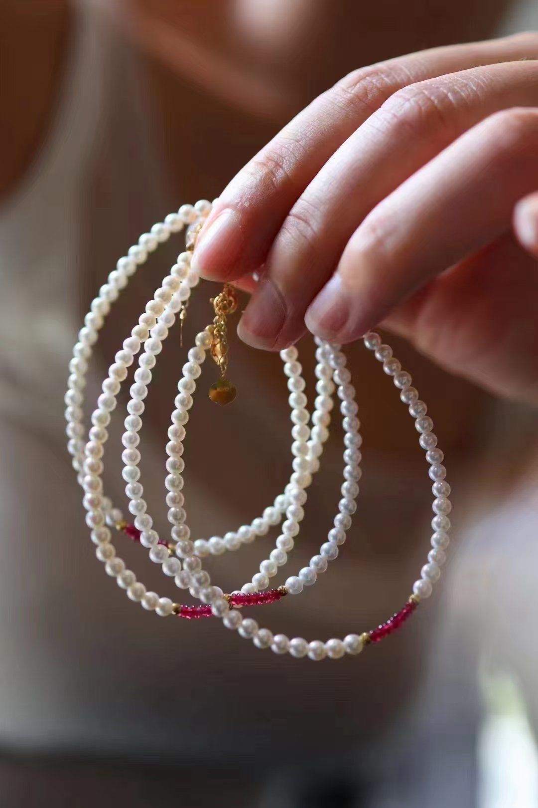 18k金珍珠➕天然无烧红宝石手链,直径3mm➕