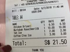 账单-新加坡Zam Zam餐馆