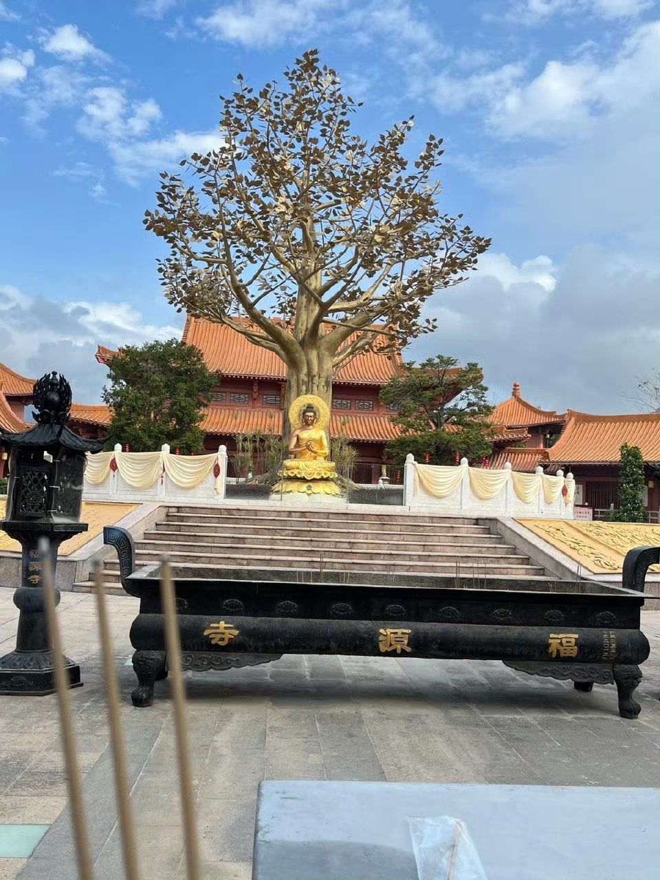 广东河源福源寺,虽说是新建寺庙,院内有一个巨大的仿金镀铜菩提树