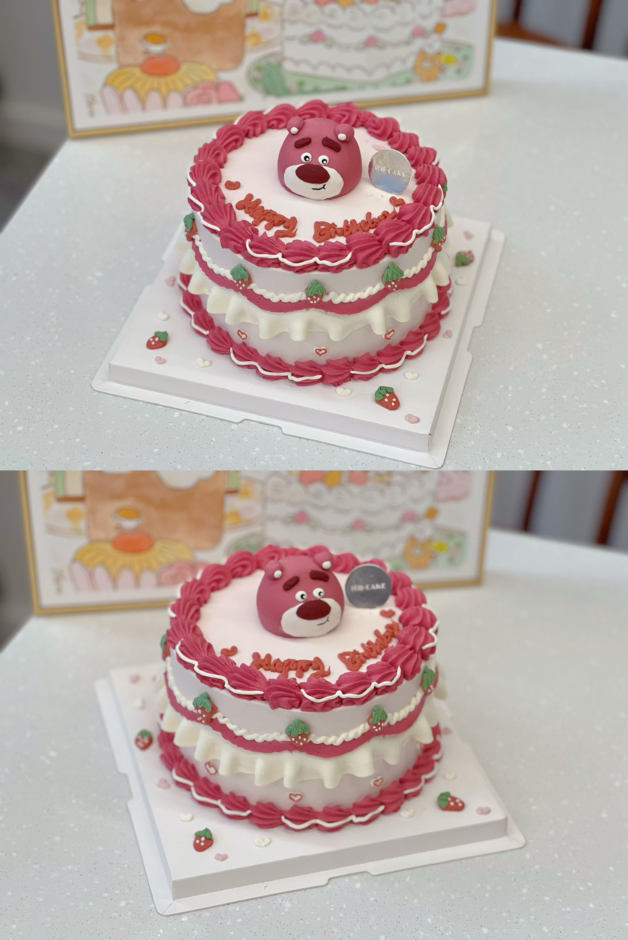 草莓熊🍓奶油霜手绘蛋糕