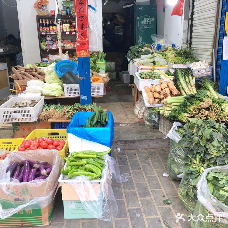 后宰门马路旁的门面店，蔬菜、水果、蛋、奶、豆制品应有