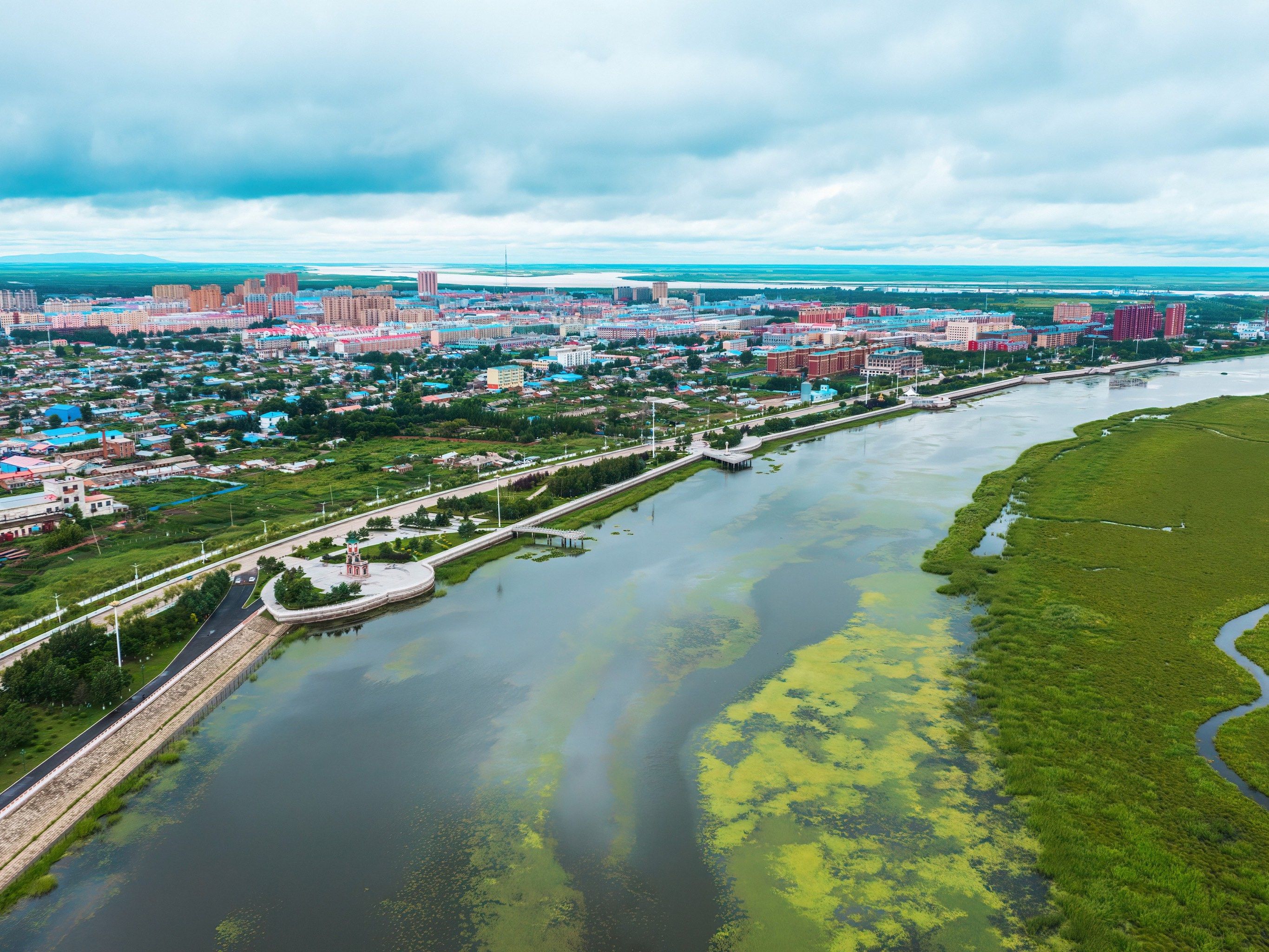 三江口国家湿地公园,清晨里雾蒙蒙的三江口