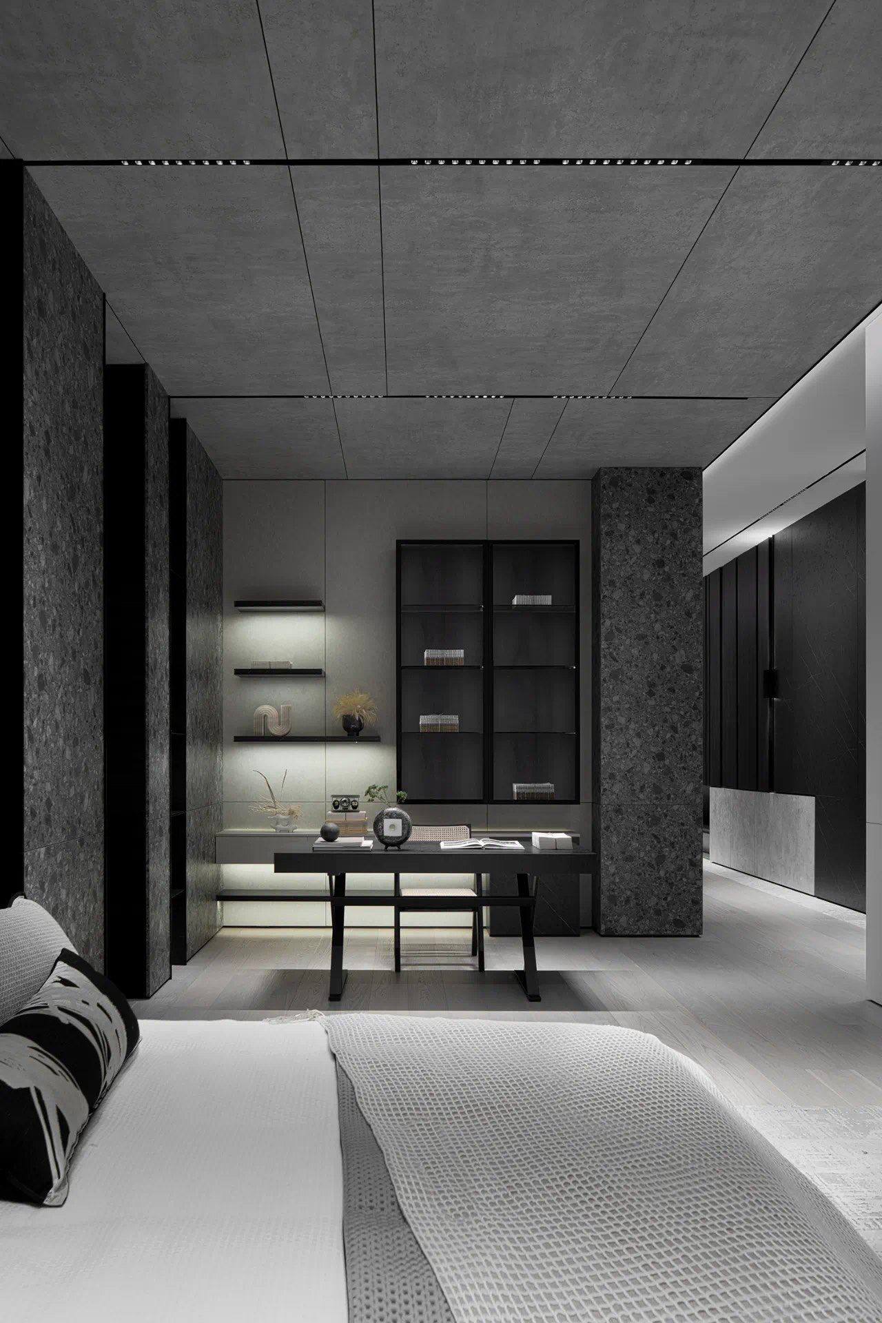 整个空间以灰色为主调,纯净而高雅,辅以黑