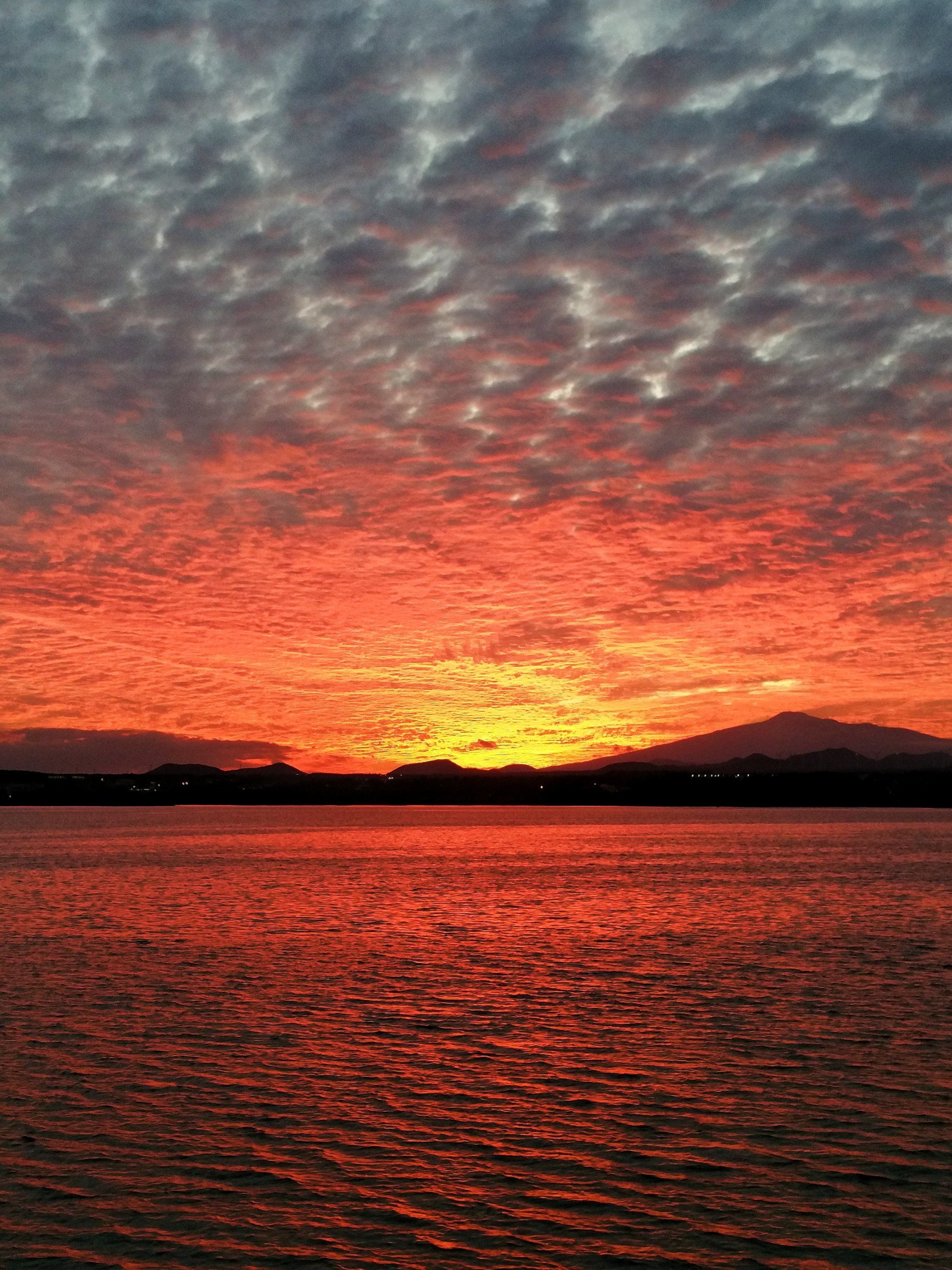 中最美的夕阳~
整个天空只有红色和橙色交织在一起
火烧云一般,美