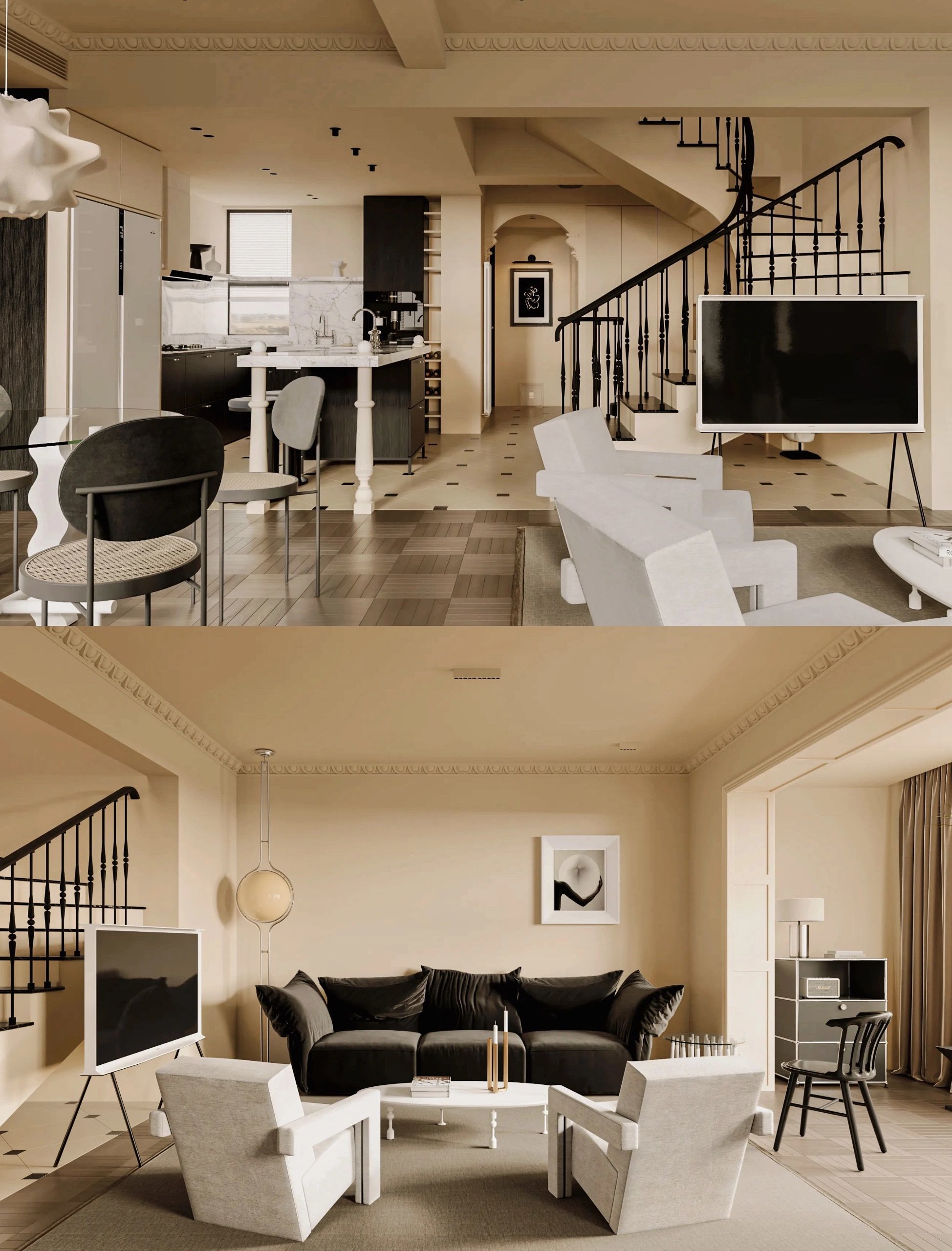 顶部精致的法式石膏吊顶,浪漫满分 00厨房全开放式设计