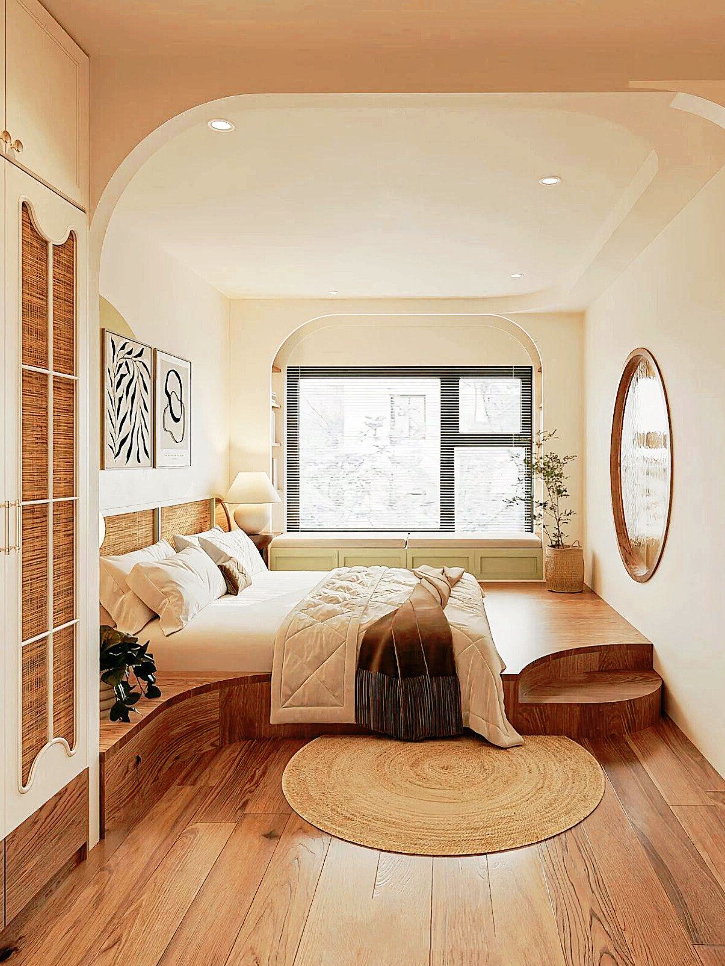 n
卧室里侧抬高20公分造地台床,铺上软垫就能睡觉,下沉式设计恍有