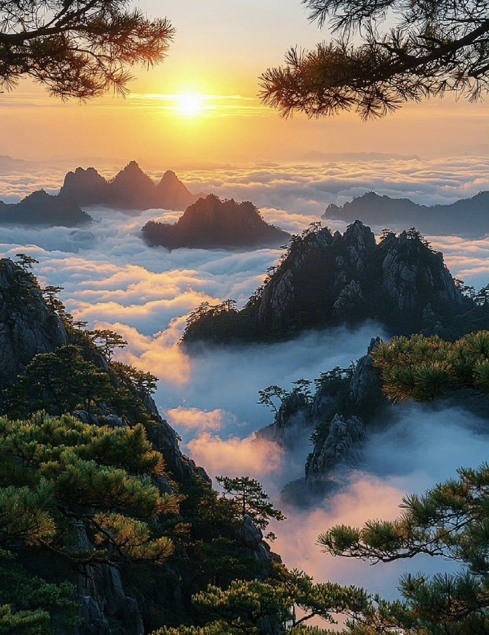 破晓黄山,曙光中的山巅奇景