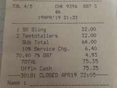 账单-Long Bar(莱佛士酒店)