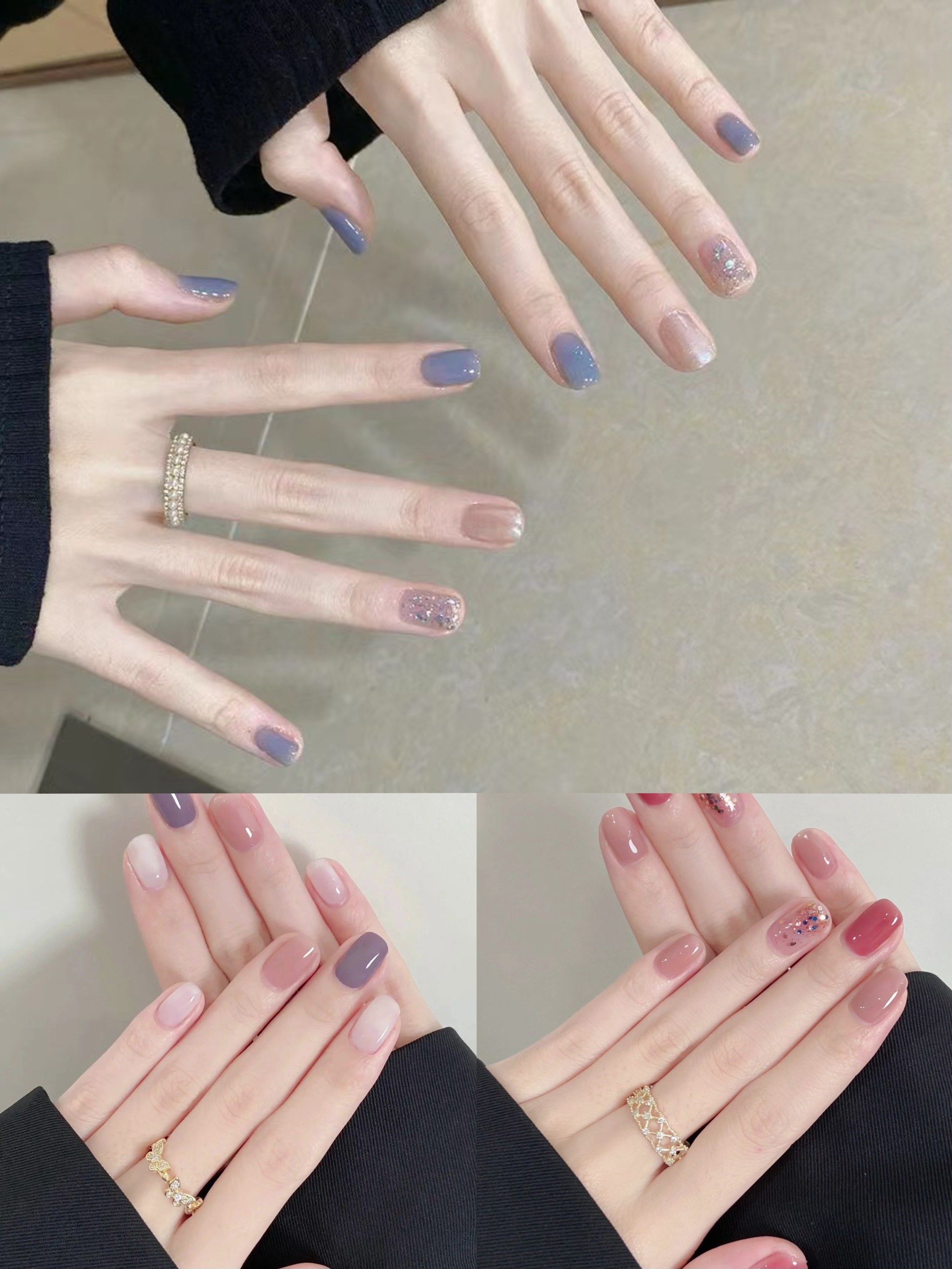 秋季雾霾蓝色系简约跳色甜美气质美甲