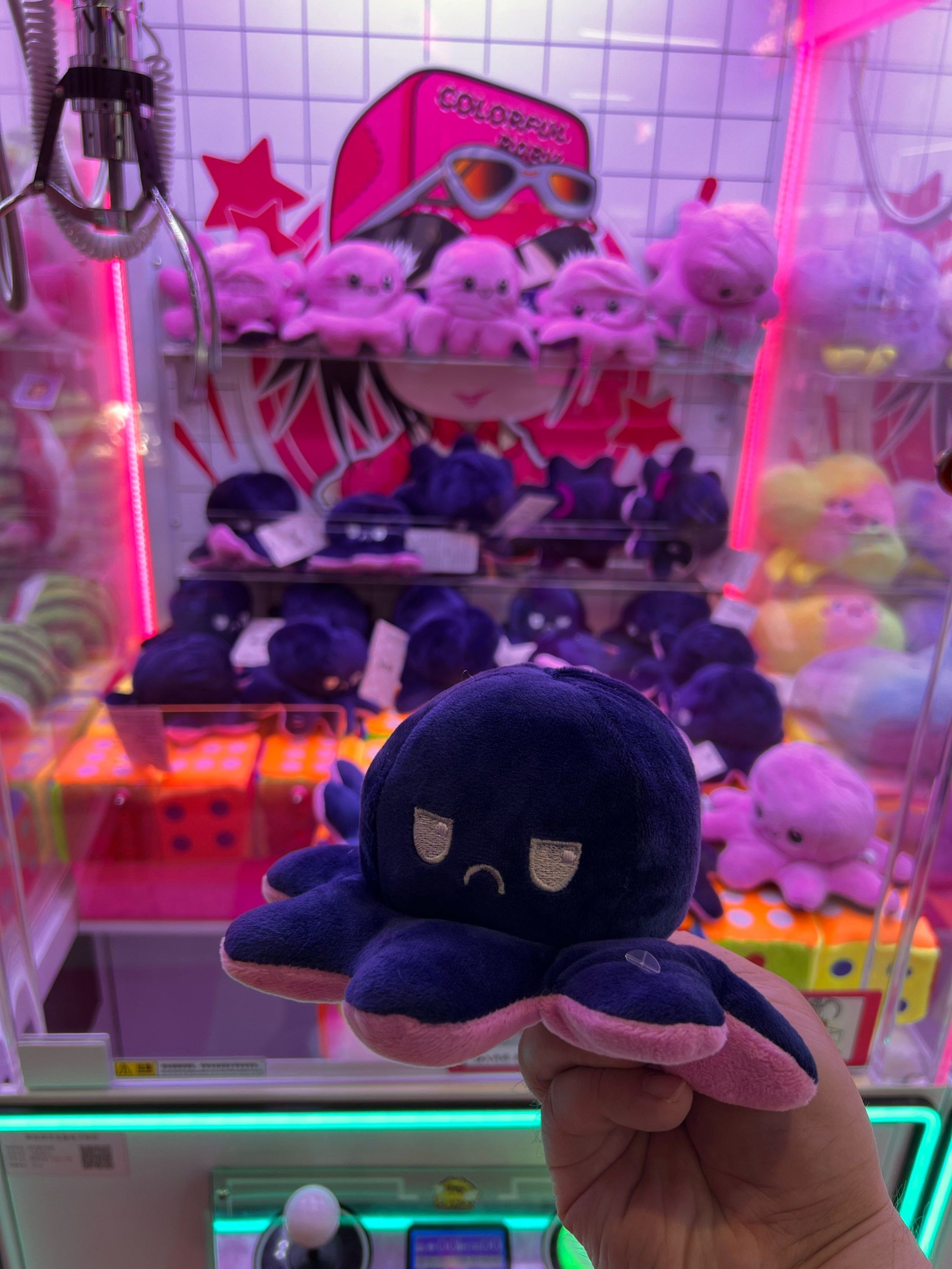 这娃娃一抓一个准,而且吊到了一个超级可爱,可以翻脸的小章鱼,超赞!