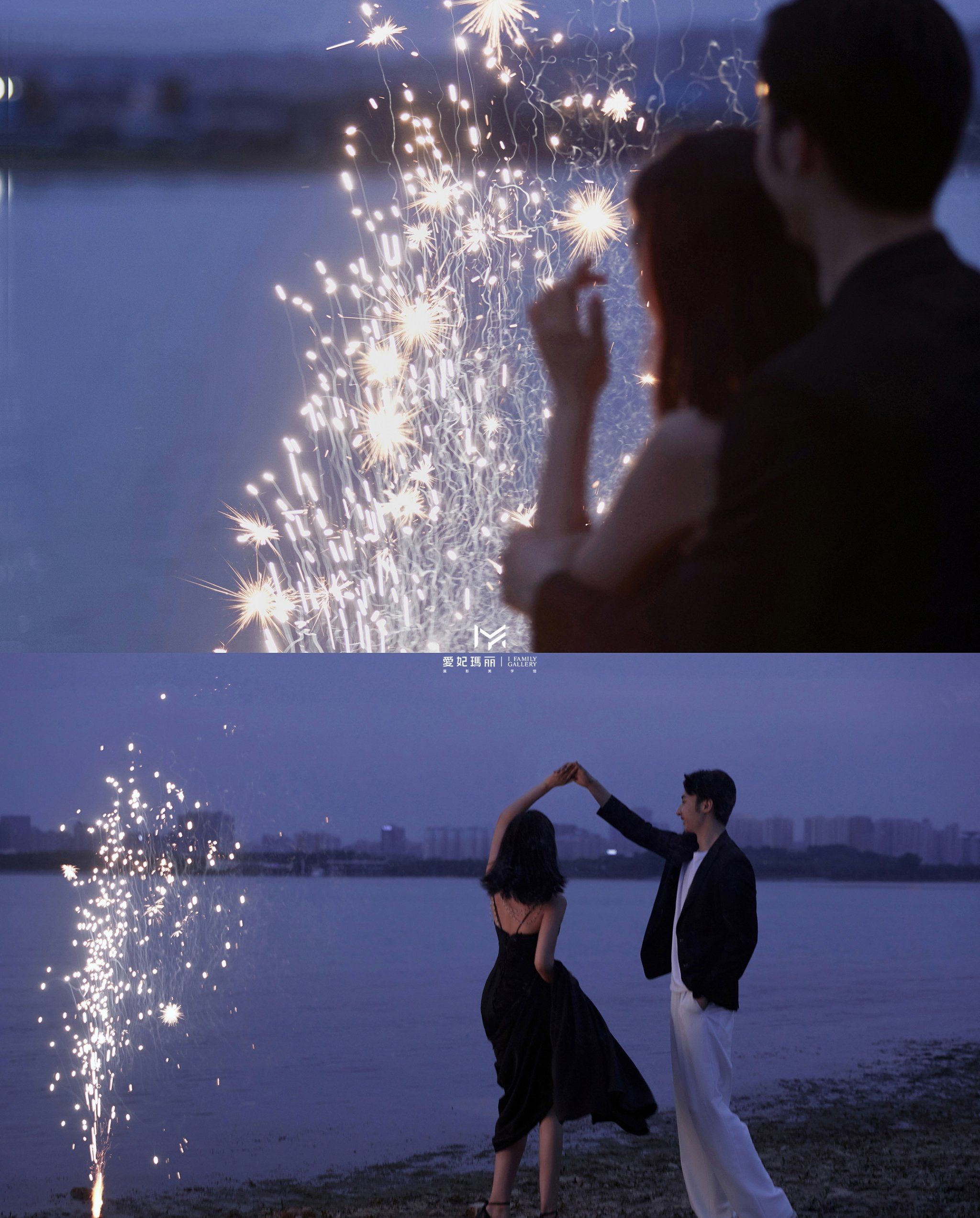 夜色里的恋人依偎