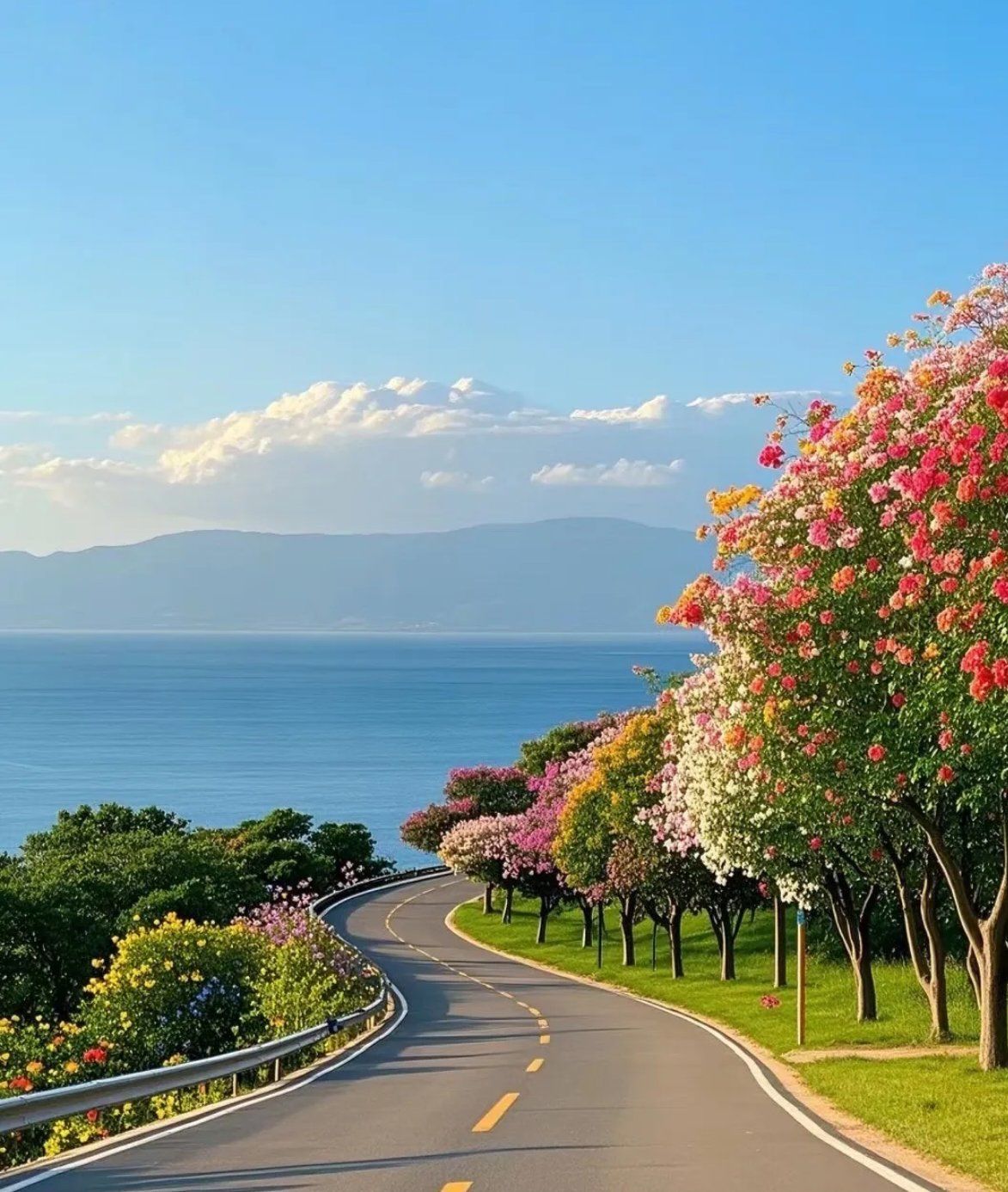 依山傍海的蜿蜒公路,两旁盛开的鲜花将道路
