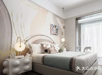 主卧用色极为沉稳舒适，深浅交汇的床头背景，平面与波浪