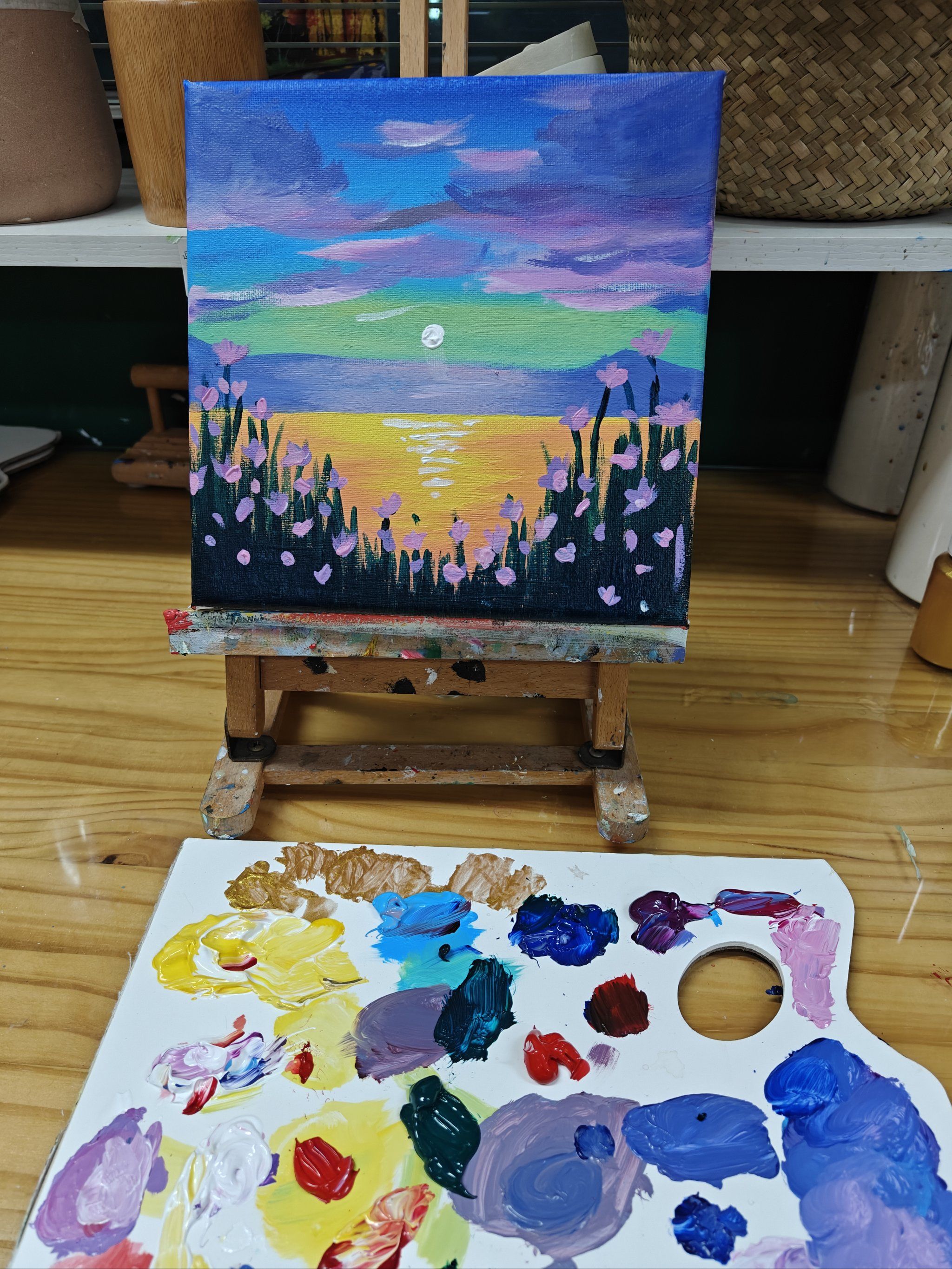 果然,小朋友的色彩感觉还是非常的纯粹#绘画日常#零基础油画#丙烯画