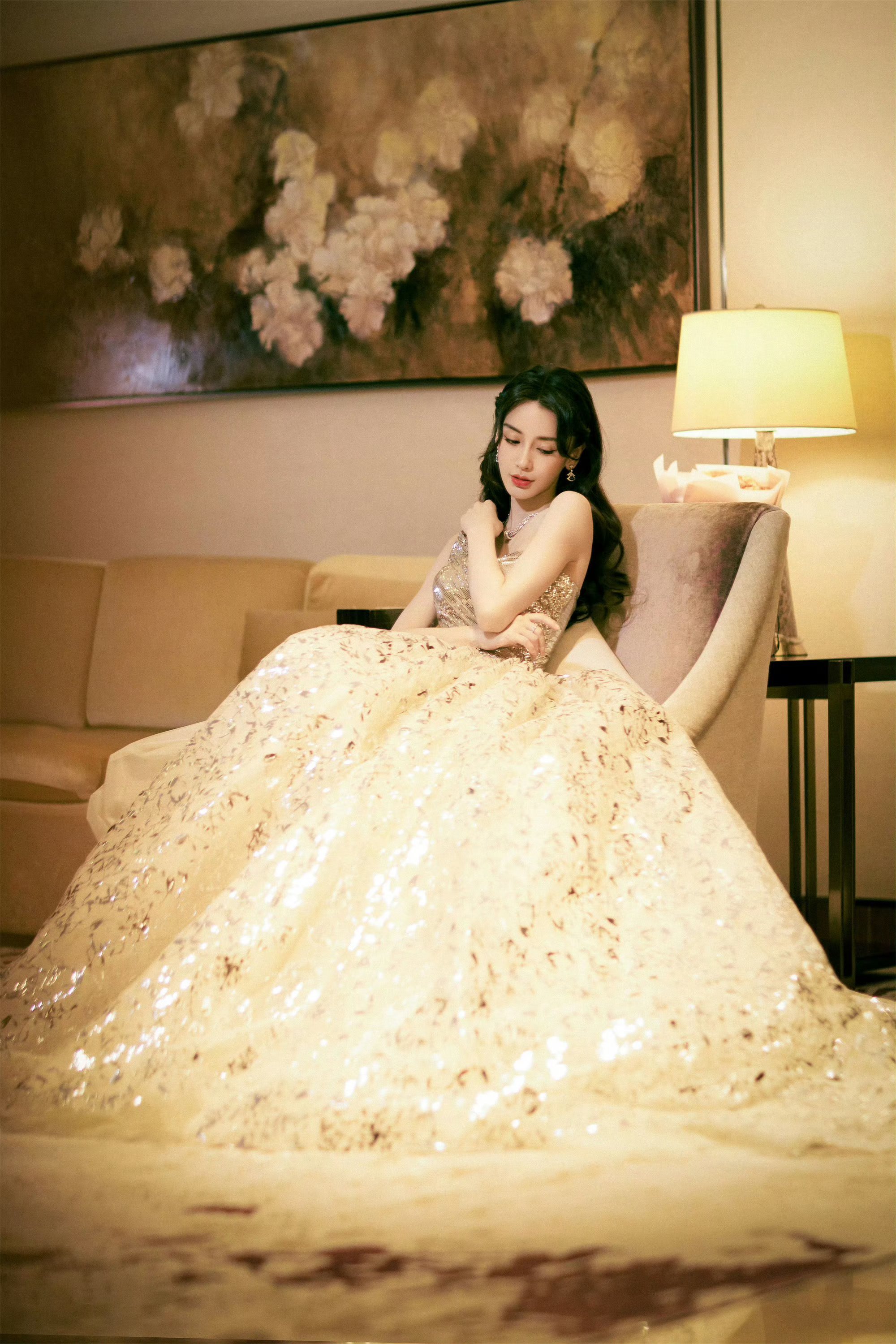 angelababy,金色长裙